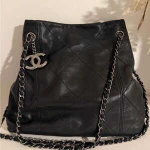 Authentic Chanel Black Quilted Lambskin Hobo Shoulder Bag with Silver Hardware